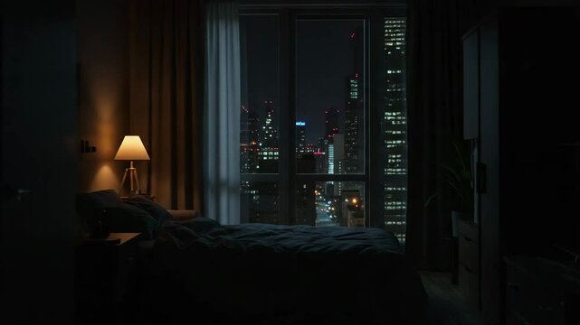 Cozy bedroom at night with city lights visible through window  