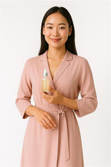 young woman holding a glass of Serum bottle