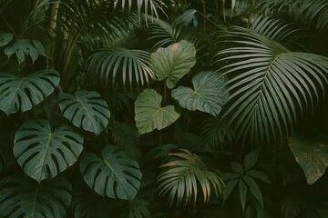Close-up of lush tropical leaves in a dense jungle. Ideal for projects focusing on nature, eco-friendly campaigns, travel, or botanical illustrations.
