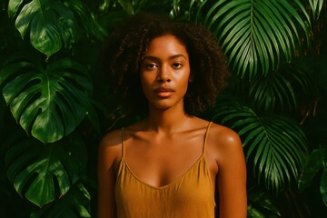Portrait of a woman standing amidst tropical leaves, exuding natural beauty. This image is perfect for beauty, lifestyle, and eco-friendly campaigns or wellness-related projects.
