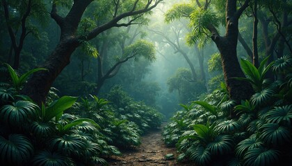 A tranquil path through a lush tropical forest. Ideal for nature documentaries, eco-tourism, or projects centered on environmental conservation and exploration.
