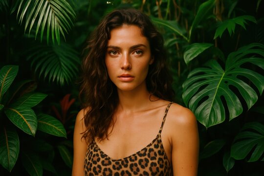 A stunning portrait of a woman amidst lush tropical foliage, wearing a leopard print top. Ideal for fashion, beauty, and lifestyle campaigns or eco-conscious fashion branding.
- Powered by Adobe