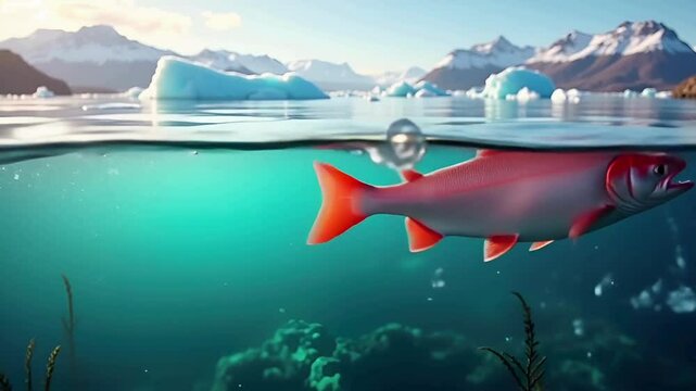 Underwater Salmon in Glacial Lake A Breathtaking Split-Level View