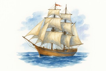 A beautiful watercolor painting of a wooden sailing ship with billowing white sails cruising across the ocean waves. Perfect for maritime history, sailing enthusiasts, or adventure content.
