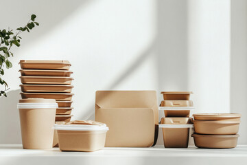 biodegradable food containers arranged on white surface with natural sunlight. eco-friendly packaging concept. sustainability in food service. eco design for green brands.