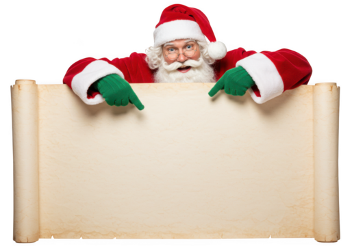 Santa claus points down at a blank parchment scroll, inviting viewers to add their own message, isolated on a transparent background - Powered by Adobe