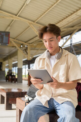 Young non binary tourist traveler in train station using digital tablet computer