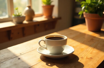 Fototapeta premium white coffee cup on wooden table with sunlight streaming through window, casting warm shadows. cozy morning atmosphere with potted plants. home decor, lifestyle, cafe menu.