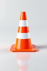 Bright Orange Traffic Cone with White Stripes on a White Background in a Studio Setting with Reflection