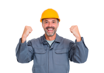Cheerful construction worker celebrating success with joyful expression on transparent background, PNG