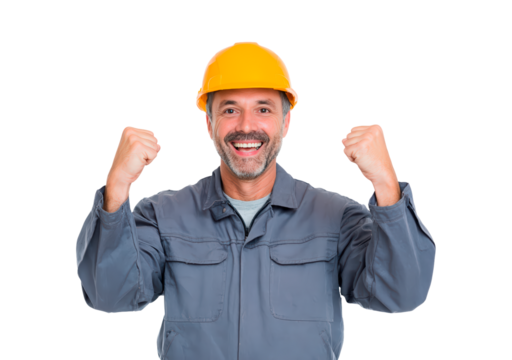 Cheerful construction worker celebrating success with joyful expression on transparent background, PNG