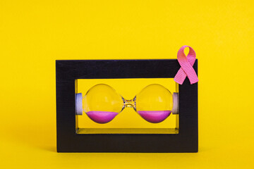 Concept for breast cancer awareness featuring a pink ribbon and a horizontal hourglass with pink...