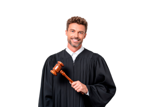 Confident male judge holding gavel in traditional robes on transparent background, PNG