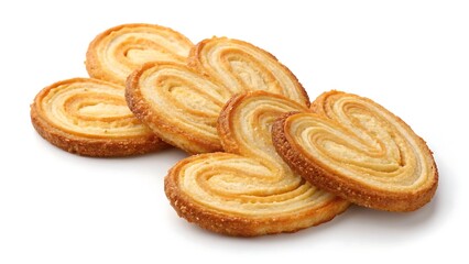 Crisp palmier pastries in golden hues, set on a white backdrop, suitable for pastry promotions and food photography white background