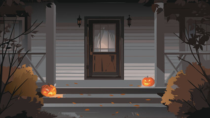 A halloween scene depicting a house entrance with pumpkins and autumn leaves on the steps and porch area