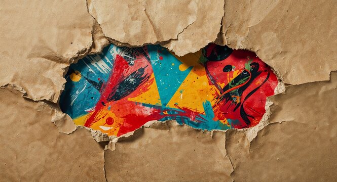 Torn brown paper revealing colorful abstract painting with red blue and yellow hues and brushstrokes