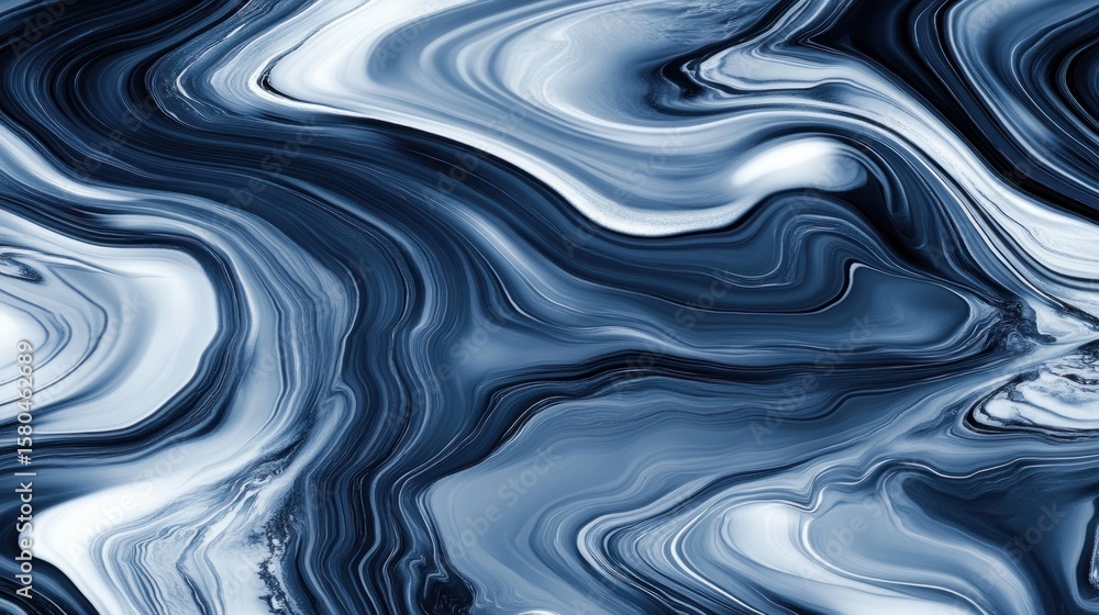 Poster abstract design with flowing patterns of dark blue and white.