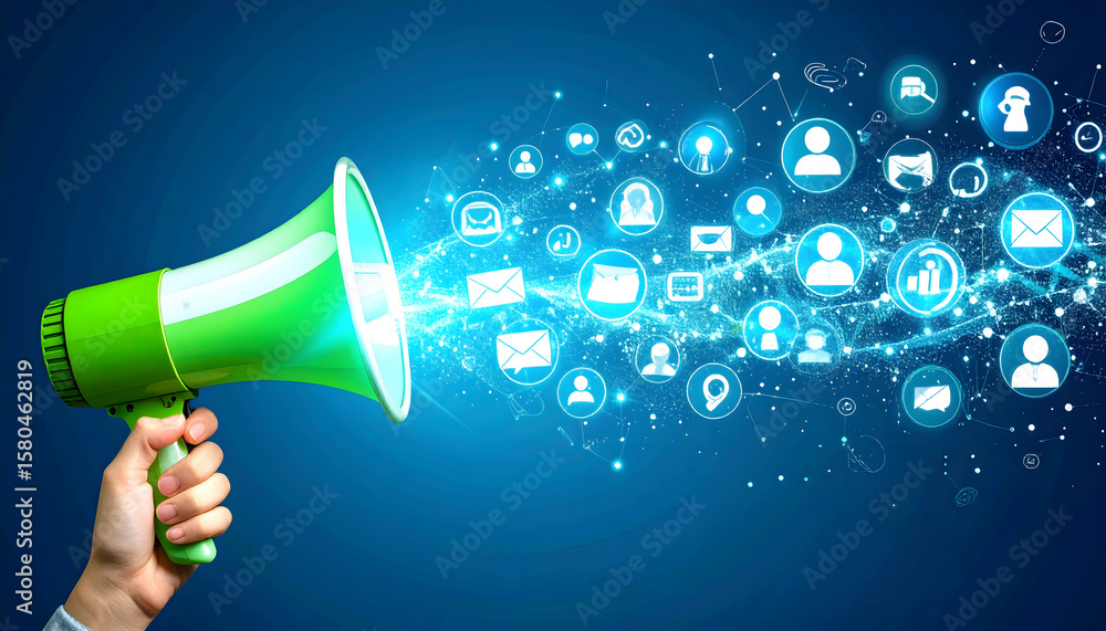 Poster hand holds megaphone, broadcasting ideas and connecting users in a dynamic online world.