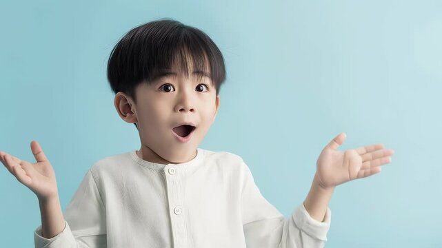 Young boy covering mouth, showing shock with wide eyes against clean blue studio background, expressing pure amazement