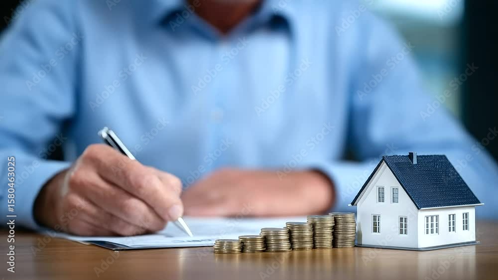 Poster side view of a business desk with a homeowner holding pen over signature line, advisor guiding the p