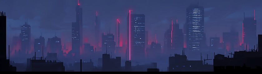 A futuristic cityscape glows with red light in the dark twilight