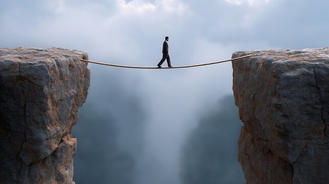 Focused Man Walking on High Wire