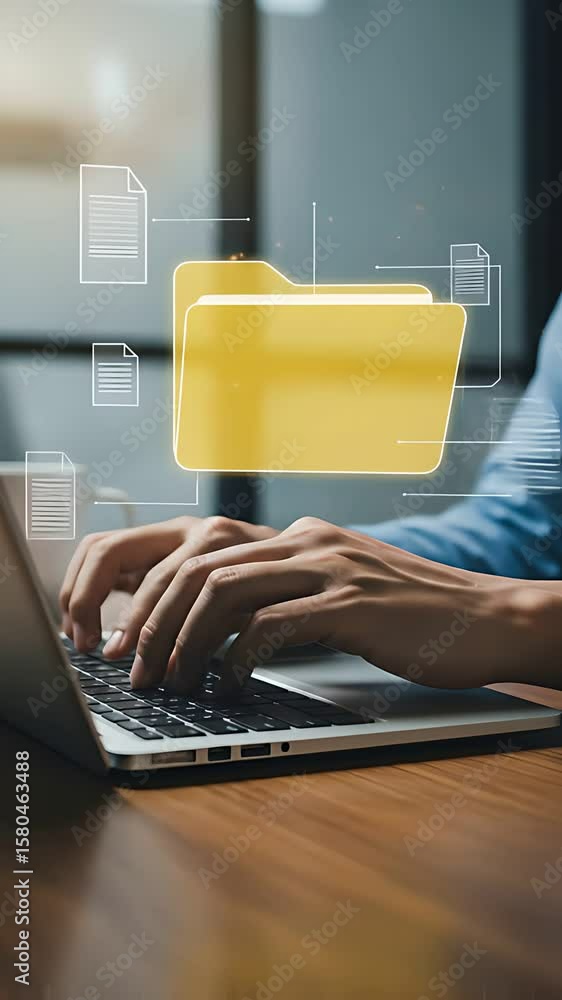 Poster data management on laptop: digital folder organization for secure document transfer, man in blue shi