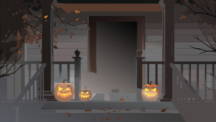 Three jack o lanterns on a porch with falling leaves and a closed door in a halloween night scene view