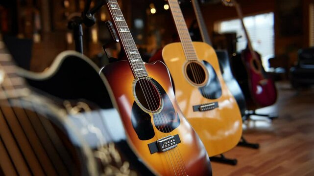 Acoustic guitars on display, showcasing a beautiful array of craftsmanship