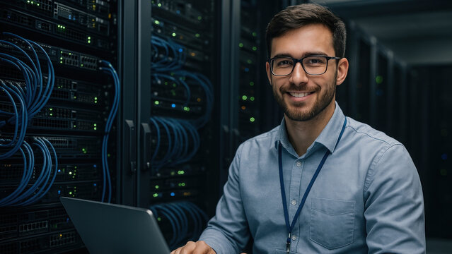 Smiling technician in server room.
