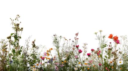 vibrant and colorful meadow of wildflowers blooming isolated on white background