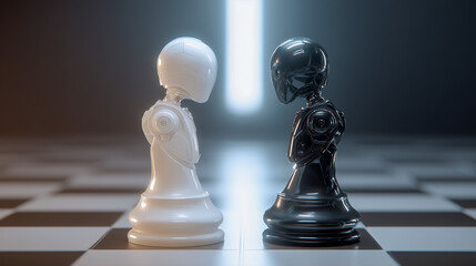 Two robotic chess pawns, one white and one black, face each other on a chessboard, symbolizing artificial intelligence strategy, competition, and the future of human-machine interaction in games

