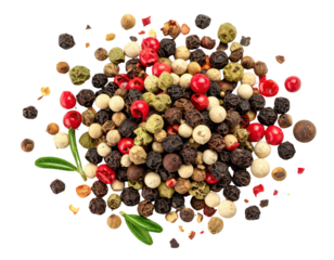 A colorful assortment of mixed peppercorns including black, white, green, red, and brown, garnished with sprigs of fresh rosemary.