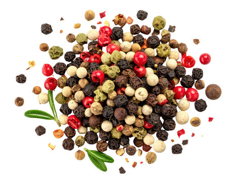A colorful assortment of mixed peppercorns including black, white, green, red, and brown, garnished with sprigs of fresh rosemary.