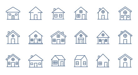 Residential Icons Set: A clean and modern collection of simple residential building icons, perfect for illustrating various housing concepts and design elements.