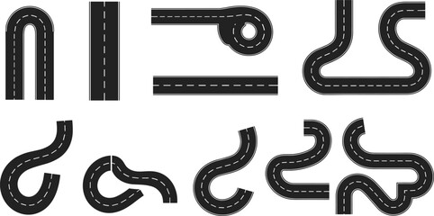 Curved and straight road map elements, highway paths and street track set for navigation, traffic, driving, transport, and city planning.