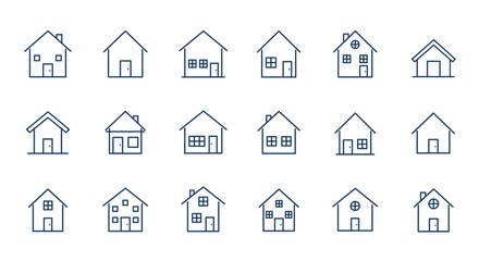 House Icons Set: A comprehensive collection of diverse house icons, featuring a minimalist, graphic design style, ideal for real estate, architectural, and design-related projects.