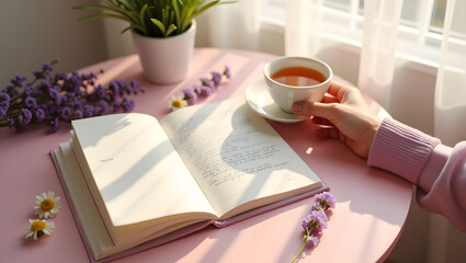 Cozy Setting with Open Journal, Tea, and Decorative Flowers on Pink Table