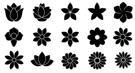 Floral Silhouette Collection: A diverse array of flower silhouettes in striking black and white, perfect for design projects seeking elegance and simplicity. A perfect collection of nature's blooms.