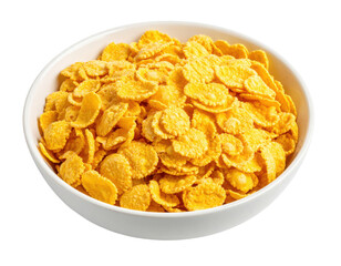 A white bowl filled with golden cornflakes, a popular breakfast cereal known for its crispy texture and light, flaky appearance.