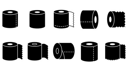 Toilet Paper Icon Set: A collection of black and white toilet paper roll icons, illustrating various designs and states of usage.