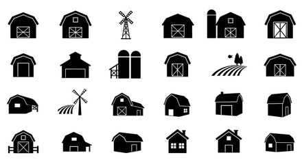 Barn Silhouettes: A collection of elegant, minimalist barn silhouettes in black and white. Perfect for design projects, illustrating the timeless appeal of rural life.