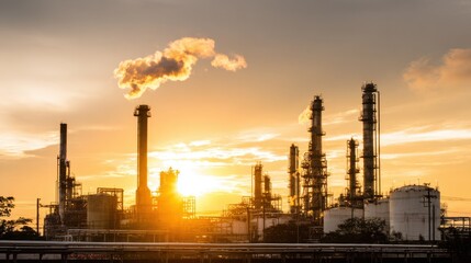 Fototapeta premium Industrial landscape with smokestacks, pipelines, and storage tanks at sunset