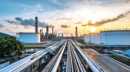 Fototapeta premium Industrial landscape with smokestacks, pipelines, and storage tanks at sunset