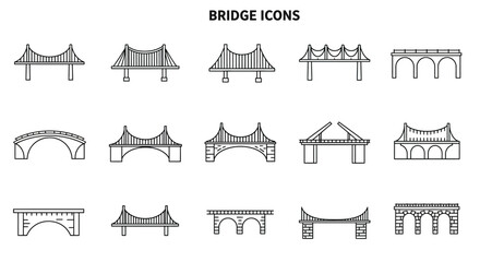 Bridge Icon Set: Collection of various bridge types illustrations, including arch bridges, suspension bridges, and beam bridges. Perfect for construction, engineering, and transportation projects.