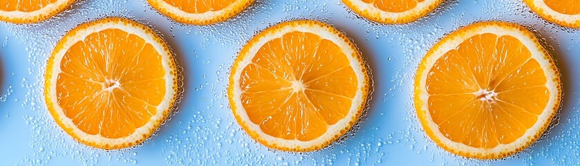 Freshly Sliced Oranges Surrounded By Water Droplets On Blue Background