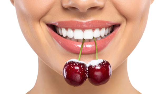 A close-up of a smiling mouth holding two fresh cherries with green stems between the teeth.