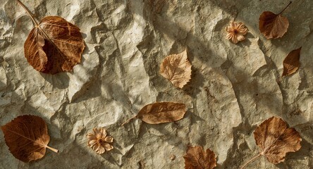 Autumn leaves and dried flowers scattered on a textured surface in warm natural light creating a fall scene