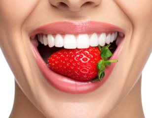 A close-up of a smiling mouth with bright white teeth biting into a fresh, ripe red strawberry.