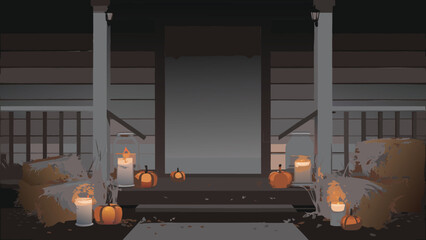 A festive halloween porch display with pumpkins candles and hay bales creating a spooky atmosphere outside home